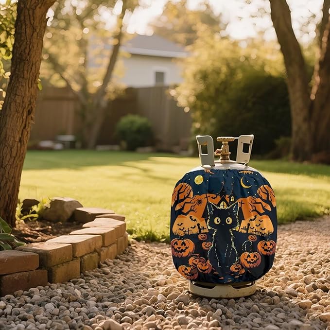 Black Cat Propane Tank Cover 20lb Waterproof Gas Tank Cylinder Cover for Outdoor Easy to Install RV Gas Cylinder Protector for All Season Gift for Halloween