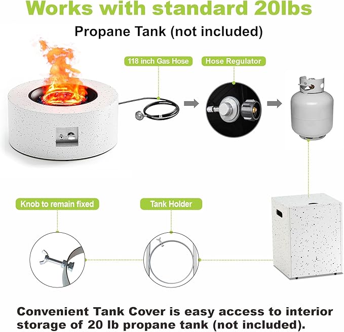 2-Piece Outdoor Propane Fire Pit Table Set w Tank Side Table 30'' Round Fire Pit Table 2-in-1 Firepit Table for Outside Patio Gas Fire Pit w 304 Stainless Steel Burner 50,000 BTU,Speckled White﻿