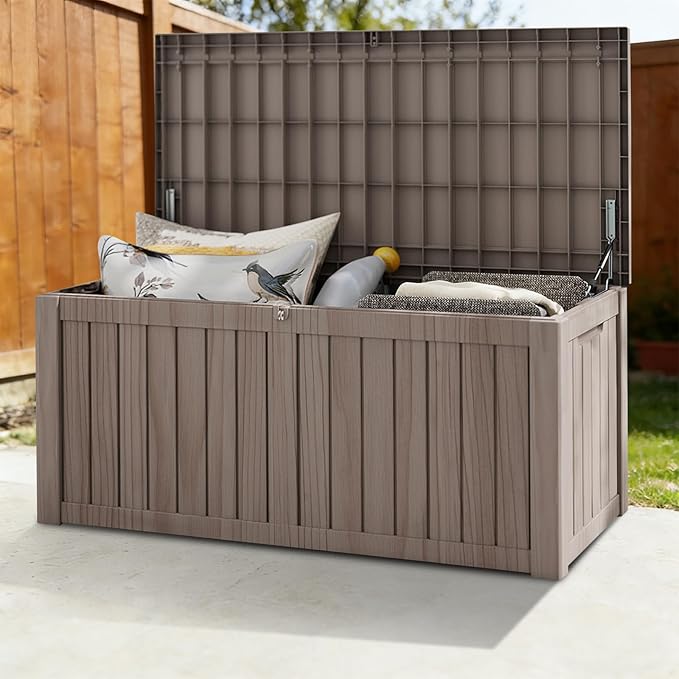 FEFLO 120 Gallon Resin Desk Boxes, Lockable Outdoor Storage Box for Furniture, Toy, Shoe, Garden & Patio Tools Storage, IP54 Weatherproof Package Delivery Boxes for Outside - Brown