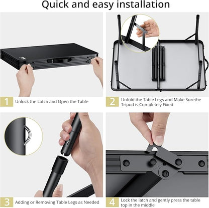Anbte Folding Camping Table, 36" x 24" Picnic Table with Storage Net, Black | Adjustable Height Max 29.5 inch, Aluminum Alloy Small Folding Table, Lightweight, Portable Handle for Travel Outdoor Cooking