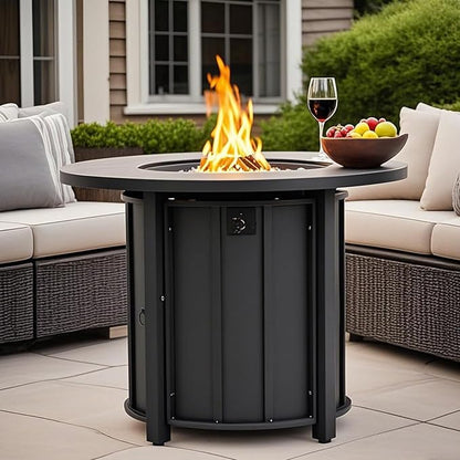 30'' Concrete Round Gas Fire Pit, 50,000 BTU Steel Outdoor Fire Tables, Fire Table with Lid, Add Warmth & Ambience to Gatherings and Parties On Patio Deck Garden Backyard，White Glass Stone.