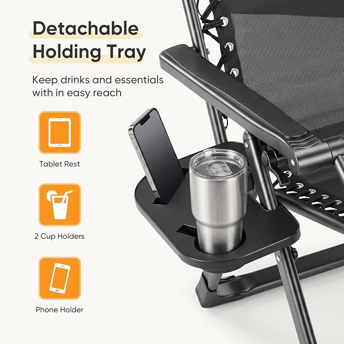 NEWBULIG Set of 2 Zero Gravity Chair, Folding Patio Recliner with Removable Cushion & Cup Holder Trays, Portable Lounge Chair for Beach & Camping, Classic Black
