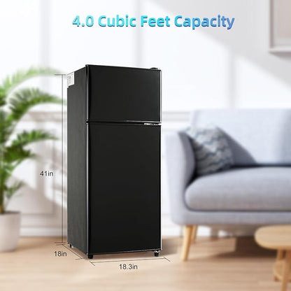 Mini Fridge with Freezer 4.0 Cu.Ft. Double-Door Mini Refrigerator Low Noise | 7-Level Adjustable Thermostat & Adjustable Glass Shelves, Compact Dorm Fridge 37 dB Low Noise for Bedroom, Black