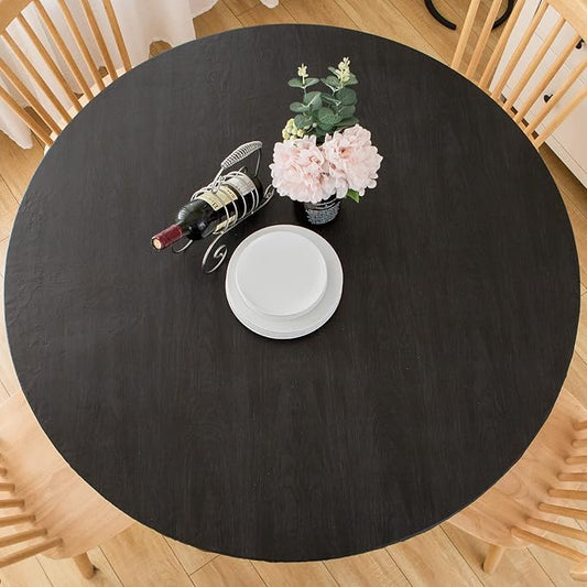 LIBERECOO Round Vinyl Fitted Tablecloth with Flannel Backing Elastic Edge Table Cover Waterproof Stain-Resistant Wipeable Tablecloths Fits 57-65" Round Tables