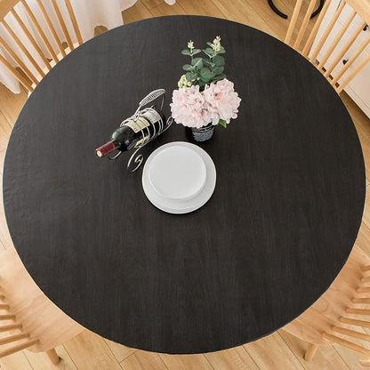 LIBERECOO Round Vinyl Fitted Tablecloth with Flannel Backing Elastic Edge Table Cover Waterproof Stain-Resistant Wipeable Tablecloths Fits 45-56" Round Tables
