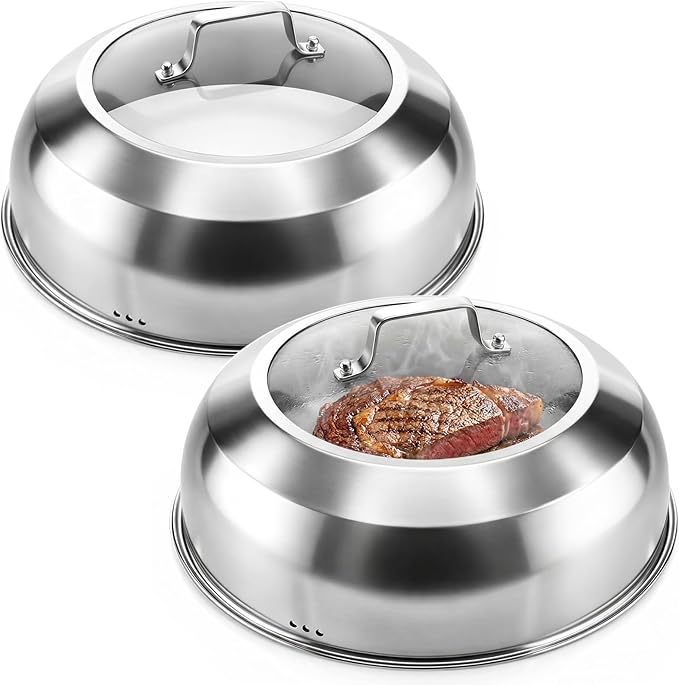 Zhehao 2 Pcs 12.6 Inch Wok Lid Pan Cover for 13 Inch Wok Stainless Steel Cheese Melting Dome with Tempered Glass Insert Steam Hole Handle Dishwasher-Safe Pot Lid for Griddle Flat Top Grills