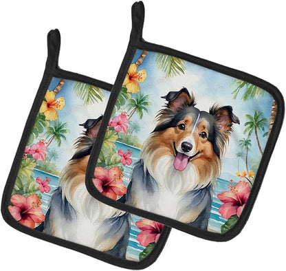 Caroline's Treasures Sheltie Luau Pair of Pot Holders Kitchen Heat Resistant Pot Holders Sets Oven Hot Pads for Cooking Baking BBQ, 7 1/2 x 7 1/2