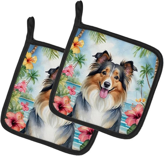 Caroline's Treasures Sheltie Luau Pair of Pot Holders Kitchen Heat Resistant Pot Holders Sets Oven Hot Pads for Cooking Baking BBQ, 7 1/2 x 7 1/2