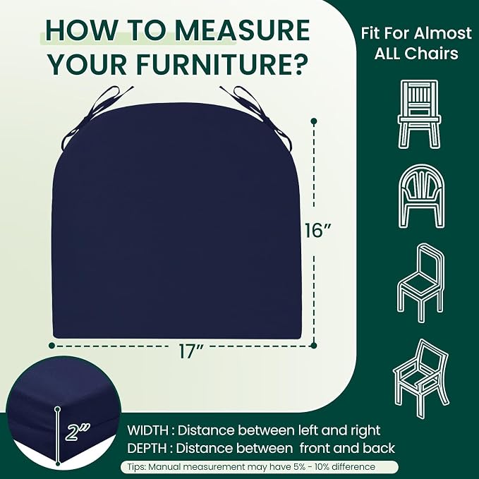 HARBOREST Outdoor Chair Cushions Set of 4, Water Resistant Patio Chair Cushions with Ties, Outdoor Seat Cushions for Patio Furniture, 17"x16"x2", Navy