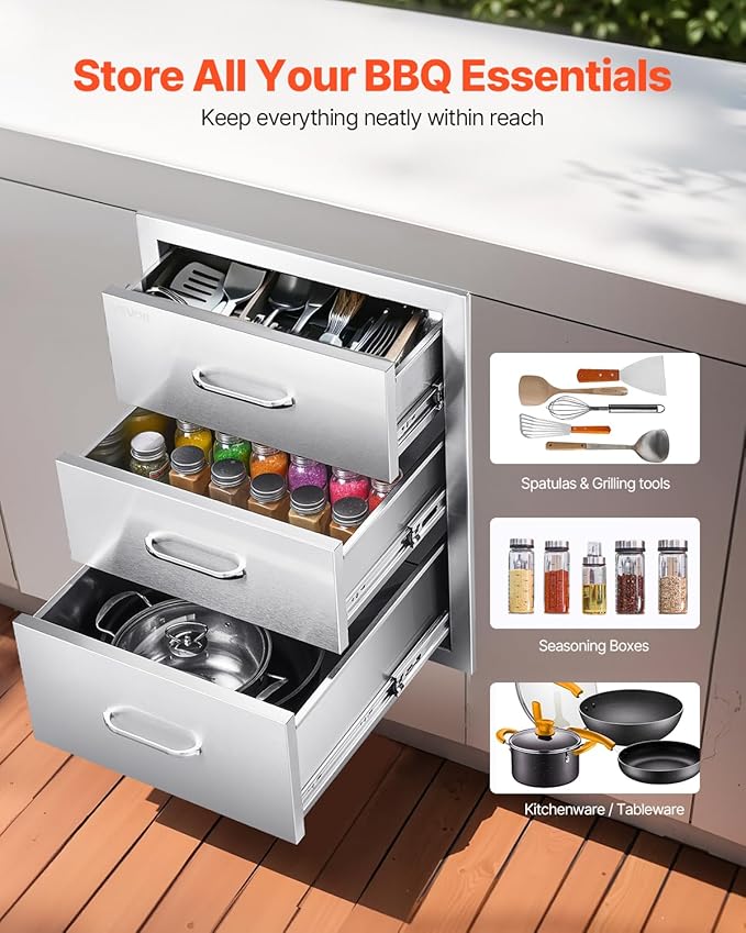 VEVOR Outdoor Kitchen Cabinets 18.11"W x 23.23"D x 23.23"H, Triple-Access Stainless Steel BBQ Drawers with Handles, BBQ Island Drawer for Outdoor Kitchens, Barbeque Island Patio Grill Station
