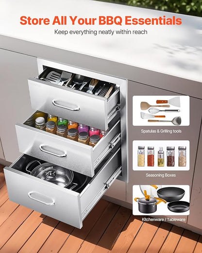 VEVOR Outdoor Kitchen Cabinets 18.11"W x 23.23"D x 23.23"H, Triple-Access Stainless Steel BBQ Drawers with Handles, BBQ Island Drawer for Outdoor Kitchens, Barbeque Island Patio Grill Station