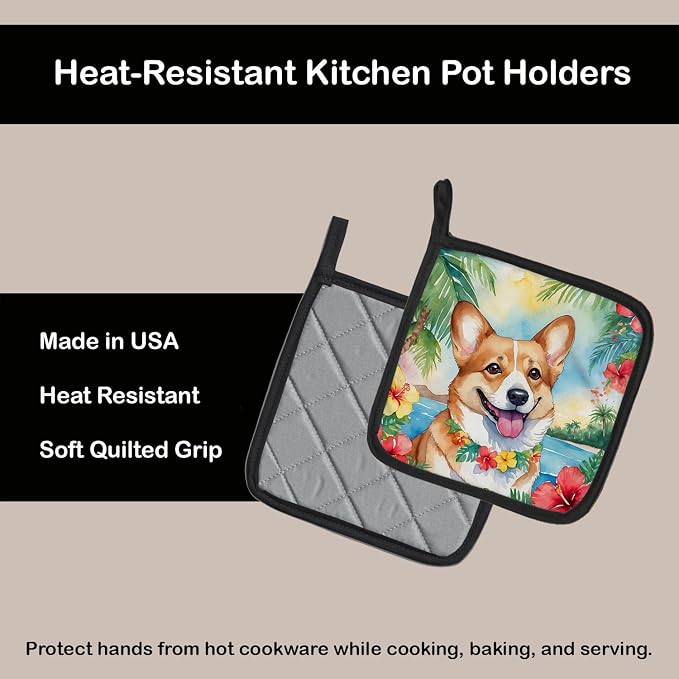 Caroline's Treasures Corgi Luau Pair of Pot Holders Kitchen Heat Resistant Pot Holders Sets Oven Hot Pads for Cooking Baking BBQ, 7 1/2 x 7 1/2