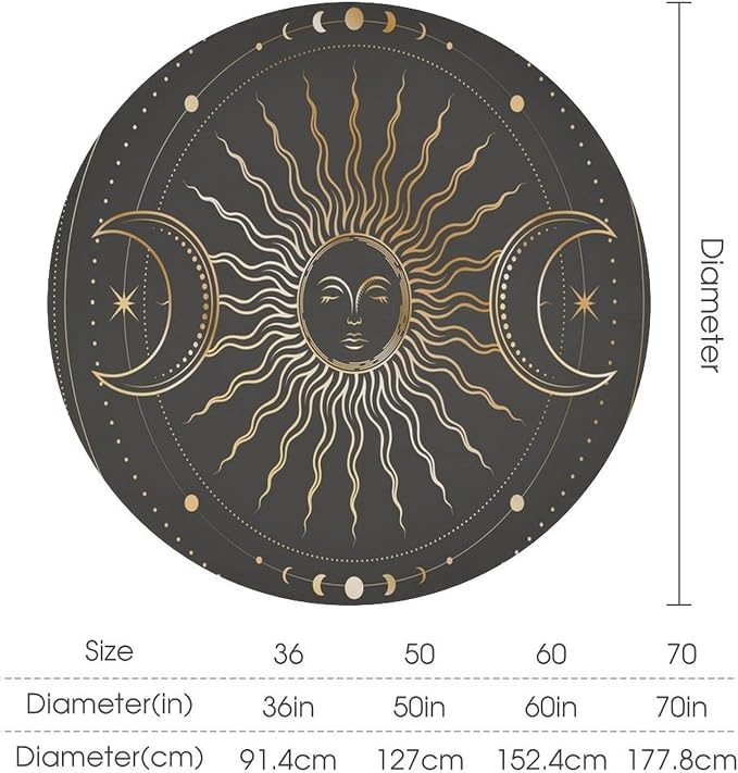 Vintage Sun Round Tablecloth Boho Celestial Star Magical Galaxy Space Moon Phases Table Cloth Water Resistant Wipeable Table Cover for Farmhouse Picnic Party Holiday Kitchen Dinner Table 70"