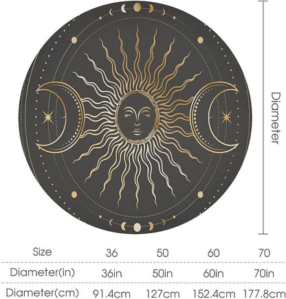 Vintage Sun Round Tablecloth Boho Celestial Star Magical Galaxy Space Moon Phases Table Cloth Water Resistant Wipeable Table Cover for Farmhouse Picnic Party Holiday Kitchen Dinner Table 50"