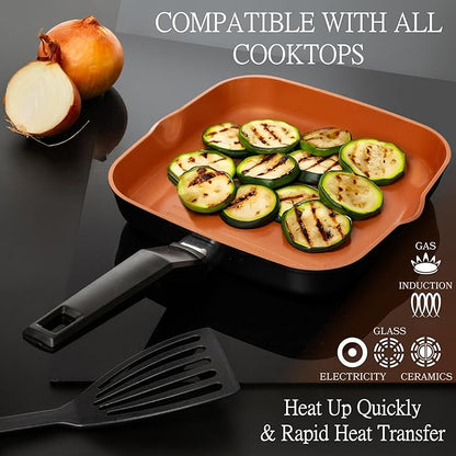 Moss & Stone Square Grill Pan For Indoor Cooking, 9.5In Frying Pan Copper Non-Stick Saute Fry Pan, Induction Copper Pan for Meats & Vegetables, Aluminum Griddle Nonstick Stove Top Grill Pan