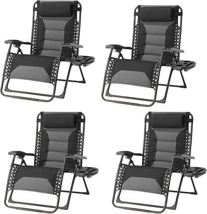 Zero Gravity Chair Set of 4 Oversized Padded Recliner with Adjustable Headrest & Cup Holder - 600D Oxford Folding Lounge Chair for Outdoor Camping, Patio, Poolside (Black & Gray)
