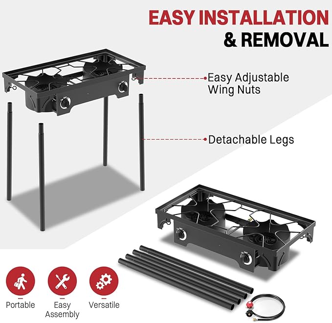 2 Burner Propane Camp Stove | 150,000 BTU | High Pressure Gas Burners | CSA Certified | Waterproof Cover | Detachable Legs | Ideal for Camping Tailgating Backyard Outdoor Cooking