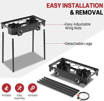 2 Burner Propane Camp Stove | 150,000 BTU | High Pressure Gas Burners | CSA Certified | Waterproof Cover | Detachable Legs | Ideal for Camping Tailgating Backyard Outdoor Cooking