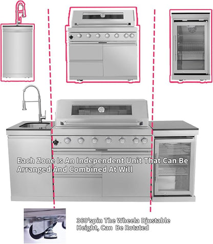 82" Modular Outdoor Kitchen Island with Grill, 6-Burner 85,000 BTU Propane BBQ Island, 304 Stainless Steel, Refrigerator, Sink & Rotisserie, for Backyard and Patio Cooking, Silver