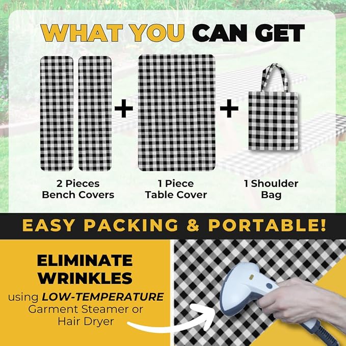 Vinyl Fitted Picnic Table Cover with Bench Covers & Bag 8ft Black Checkered | Vinyl Fitted Picnic Table Cover with Bench Covers and Bag, Outdoor Waterproof Windproof Picnic Tablecloth with Elastic Edges.