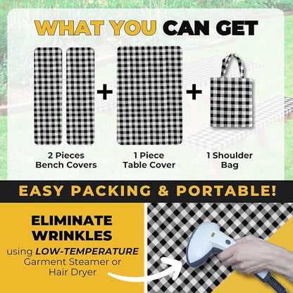 Vinyl Fitted Picnic Table Cover with Bench Covers & Bag 8ft Black Checkered | Vinyl Fitted Picnic Table Cover with Bench Covers and Bag, Outdoor Waterproof Windproof Picnic Tablecloth with Elastic Edges.