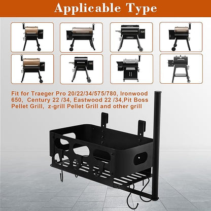 Storage Bin for Traeger Grills,BBQ Basket with Paper Towel Holder,7 Metal Hooks Compatible with Traeger Pro 20/22/34/575/780, Ironwood 650, Z Grills, Pit Boss Pellet Grills Black
