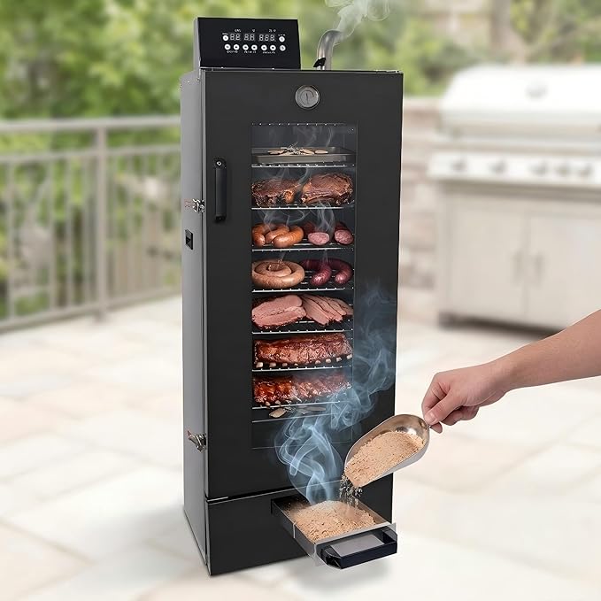 CLIVIA 8-Layer Electric Smoker with View Window, 1600W Vertical Digital BBQ Smoker, Front Loading Wood Chip Tray, 0-24H Timer & 86-257°F Temp Control, Meat Smoker for Jerky, Sausage, Fish (DSH-S45D)