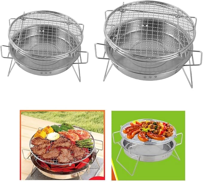 Portable Charcoal Grill Outdoor Barbecue Grill Camping BBQ Grills Mini Round Charcoal Rack Grate Cooking Mesh Wood Coal Stove Folding Legs,A-1