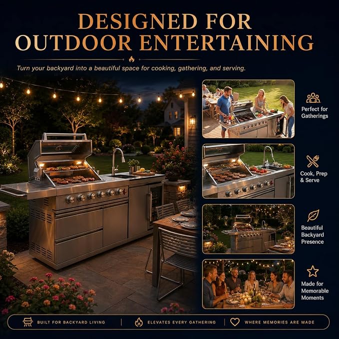 84 Inch Outdoor Kitchen Island Grill, 6 Burner 75300 BTU Propane BBQ Grill with Sink & Wheels Beverage Refrigerator, Rotisserie Kit, Griddle, Backyard BBQ SS304 Stainless Steel, Granite Top, Silver