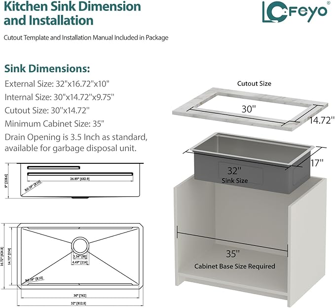 32x17 Inch Undermount Kitchen Sink with Upgraded Fast Drain & Anti-Clog All-In-One, 16 Gauge Stainless Steel Workstation Sink, Single Bowl Deep Under Counter Sink