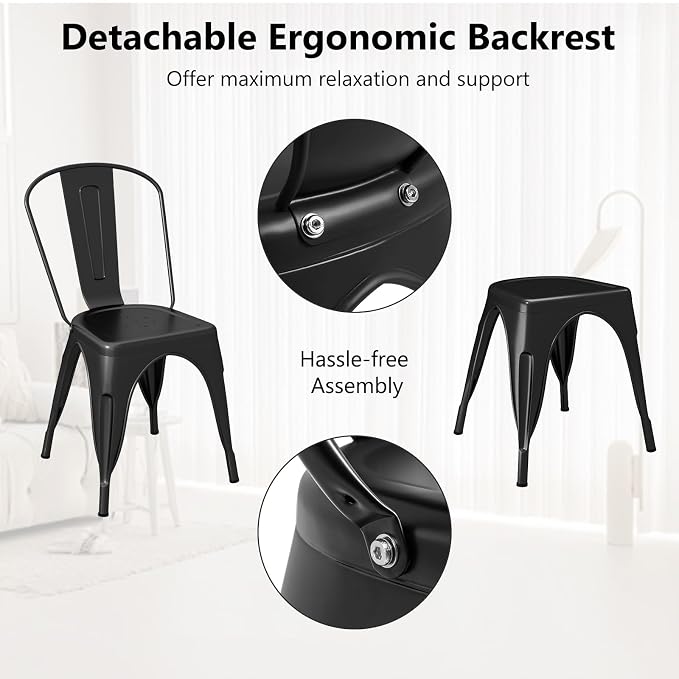COSTWAY Stackable Metal Dining Chairs Set of 4 with Back, Indoor & Outdoor | Black, Industrial Vintage Style, Breathable Seat, High Backrest, for Dining Room, Kitchen, Bar, Cafe, Bistro, Restaurant