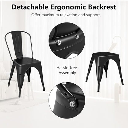 COSTWAY Stackable Metal Dining Chairs Set of 4 with Back, Indoor & Outdoor | Black, Industrial Vintage Style, Breathable Seat, High Backrest, for Dining Room, Kitchen, Bar, Cafe, Bistro, Restaurant