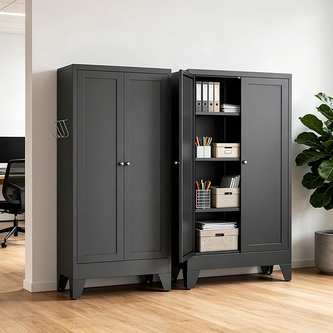 Metal Pantry Cabinet, Kitchen Pantry Storage Cabinets with 2 Doors and 3 Adjustable Shelves, White Kitchen Pantry Cabinet for Dining Room, Living Room, Assemble Required (Black)