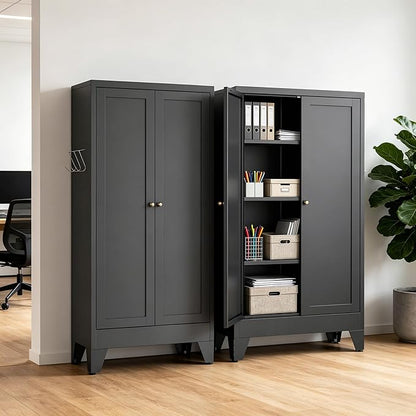 Metal Pantry Cabinet, Kitchen Pantry Storage Cabinets with 2 Doors and 3 Adjustable Shelves, White Kitchen Pantry Cabinet for Dining Room, Living Room, Assemble Required (Black)