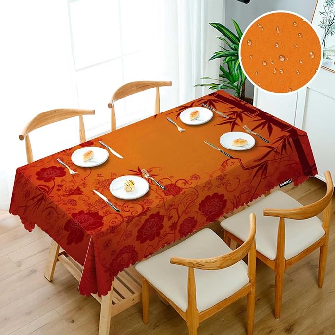 Swono Bamboo Tablecloths Traditional Red Gold Floral Bamboo Kitchen Dinning Tabletop Decoration, Polyester Table Cover for Indoor Outdoor 50x72 Inch Tablecloth