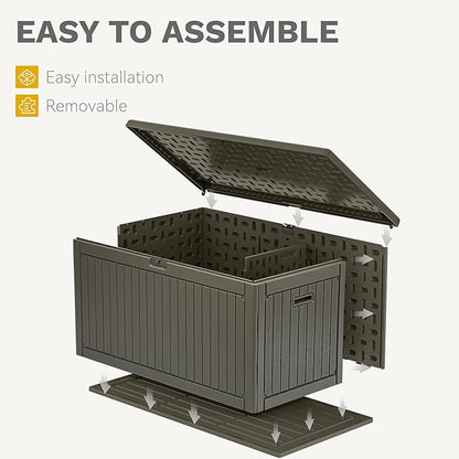 DWVO 320 Gallon Resin Outdoor Storage Box, XXL Double-Wall Waterproof Deck Box with Divider, Doubles as Table or Seating with 1000 lbs Capacity, Lockable (Light Brown)