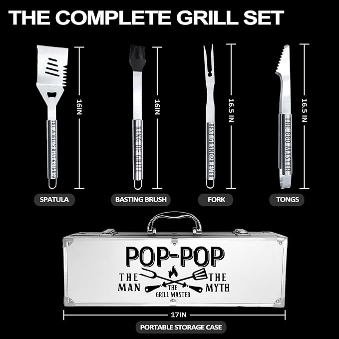 Pop Pop Gifts, Poppop Gifts from Grandkids Fathers Day Heavy Duty Grilling Accessories Kit for Backyard BBQ, Thick Stainless Steel Grill Utensils with Non-Slip Handle Tool Grilling Gift for Man