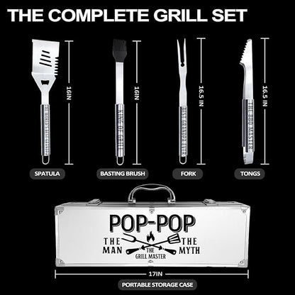Pop Pop Gifts, Poppop Gifts from Grandkids Fathers Day Heavy Duty Grilling Accessories Kit for Backyard BBQ, Thick Stainless Steel Grill Utensils with Non-Slip Handle Tool Grilling Gift for Man