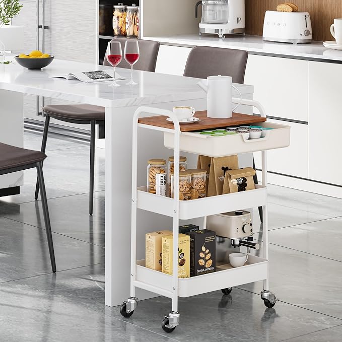 TOOLF 3 Tier Rolling Cart with Drawer, Metal Utility Storage Cart, White | Wooden Tabletop, Lockable Metal Wheels, Trolley Organizer for Bathroom, Kitchen, Office, Nursery, Dorm, Laundry, Craft Room