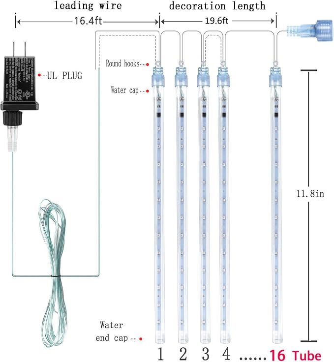 Green Meteor Shower Lights for Halloween Christmas Alien Decoration Outdoor | 16 Tubes, Equivalent to 2 Sets of 8-Tube, Green Icicle Lights for Halloween Xmas St. Patrick's Day Alien Decor, UL Plug