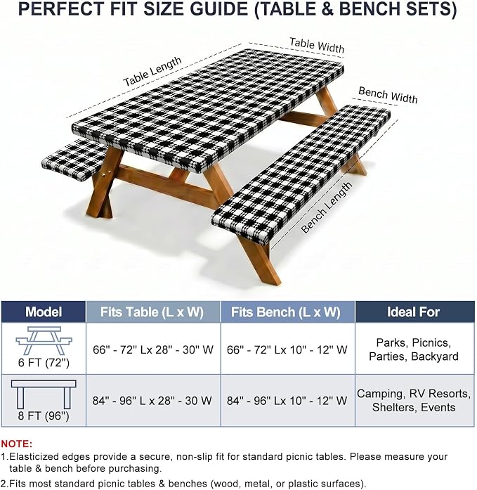 Picnic Table Cover with Bench Covers Windproof Waterproof Picnic Table Covers Camping Tablecloth with Self-Storage Bag, 72in, Black White
