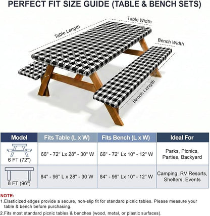 Picnic Table Cover with Bench Covers Windproof Waterproof Picnic Table Covers Camping Tablecloth with Self-Storage Bag, 72in, Black White