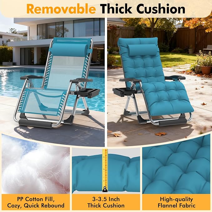Slendor Oversized Zero Gravity Chairs XL, 29in Recliner Chair, Light Blue | Reclining Lounge Chair, Folding Anti Gravity Chairs w/Aluminum Alloy Lock, Removable Cushion&Headrest, 440lbs, for Lawn Patio