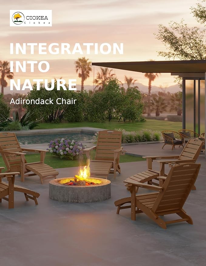 Ciokea Folding Adirondack Chair Set of 2 with Retractable Ottoman Fire Pit Patio Chair with Pull Out Foot Rest Weather Resistant Lawn Outdoor Chair with 2 Cup Holder (Teak)