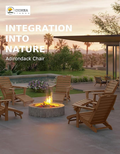 Ciokea Folding Adirondack Chair Set of 2 with Retractable Ottoman Fire Pit Patio Chair with Pull Out Foot Rest Weather Resistant Lawn Outdoor Chair with 2 Cup Holder (Teak)