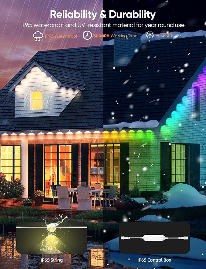 APPECK Permanent Outdoor Lights 50FT with 36 LEDs, Smart Eaves Lights RGBW | Waterproof Outdoor String Lights, 110+ Scene Modes, 40lm Warm White, for Daily/Holiday Decor, App/Voice/Remote Control, White