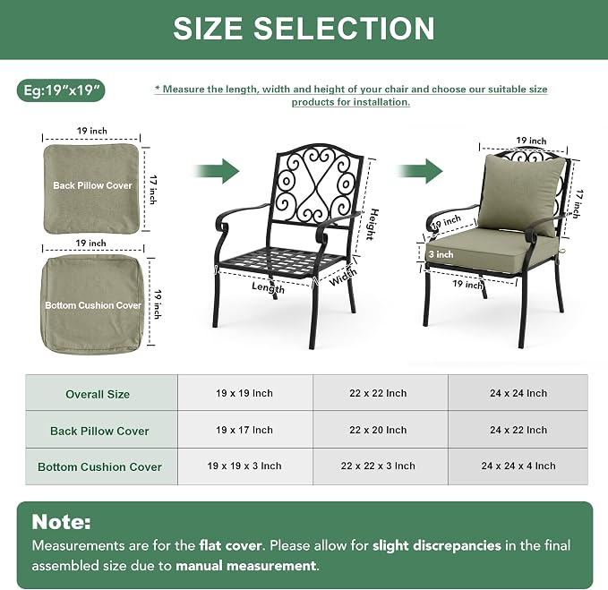 Summsun Water Resistant Outdoor Chair Cushions, Faux Linen Backrest and Deep Seat Cushion Set with Ties, Removable Cover, Non-Slip Bottom for Patio Furniture, 24 x 24 Inch, Mocca Green