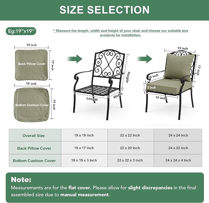 Summsun Water Resistant Outdoor Chair Cushions, Faux Linen Backrest and Deep Seat Cushion Set with Ties, Removable Cover, Non-Slip Bottom for Patio Furniture, 24 x 24 Inch, Mocca Green, Set of 2
