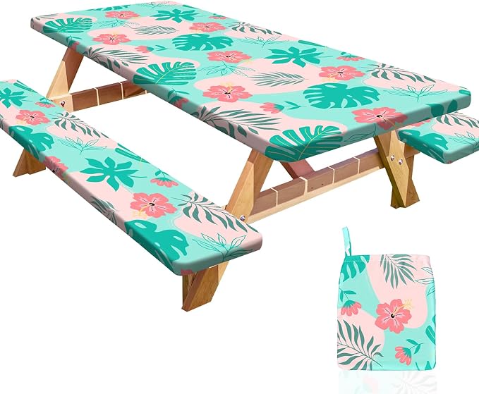Picnic Table and Bench Cover Set, Waterproof Fitted Elastic Cloth | Portable Camping Essentials With Built-In Storage Pocket And Waterproof Fabric For Outdoor RV Or Picnic Table Use