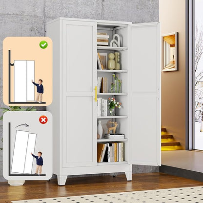 White Metal Storage Cabinet,75" Steel Cabinets for Home Office, Kitchen Pantry Storage Cabinet with Doors and 5 Adjustable Shelves, Tool Cabinets, for Office, Home, Garage, School, 36" W